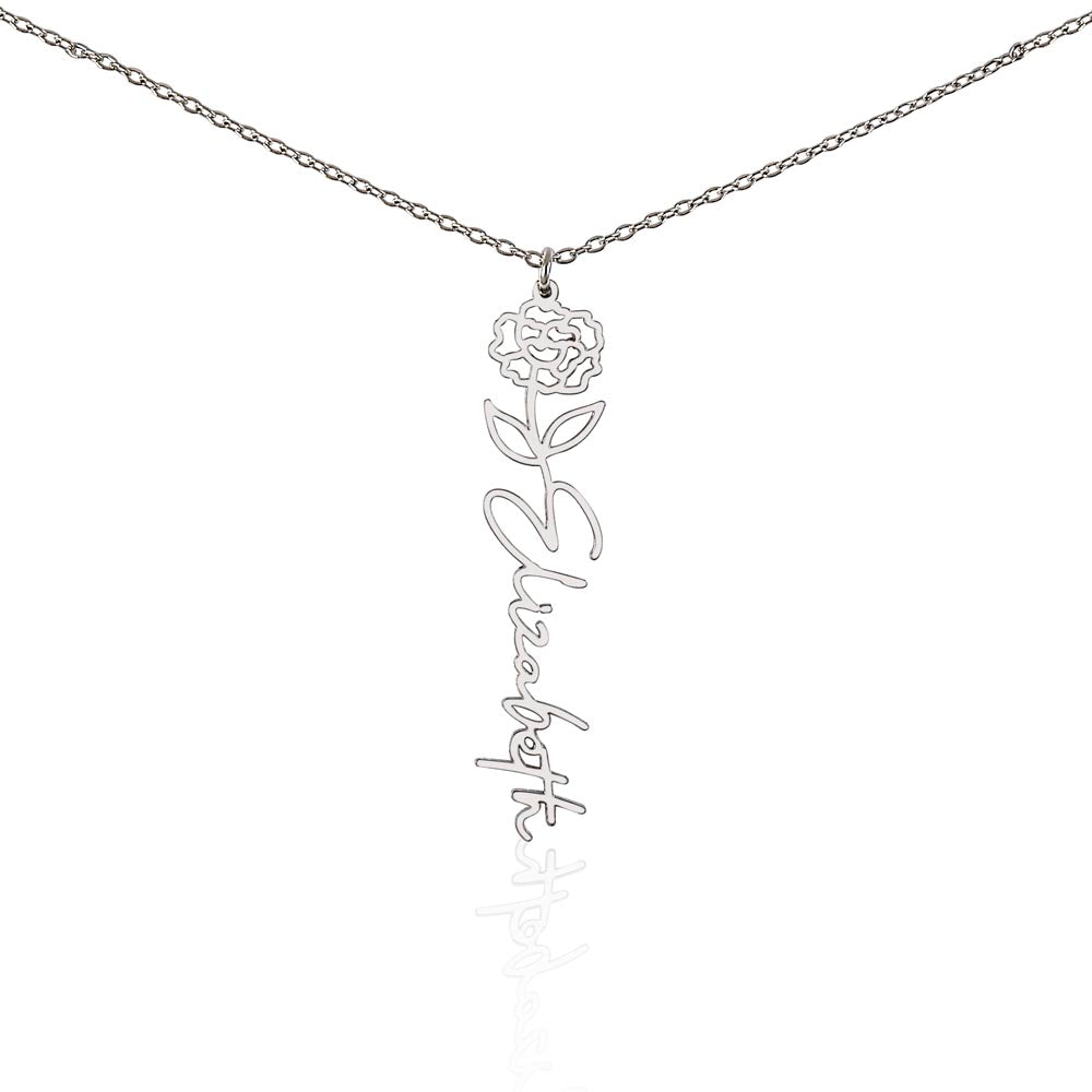 Birth Flower and Name Necklace - Blue Glitter