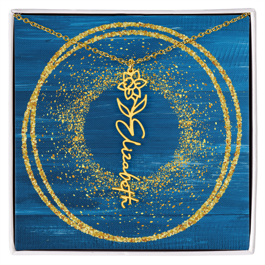 Birth Flower and Name Necklace - Blue Glitter