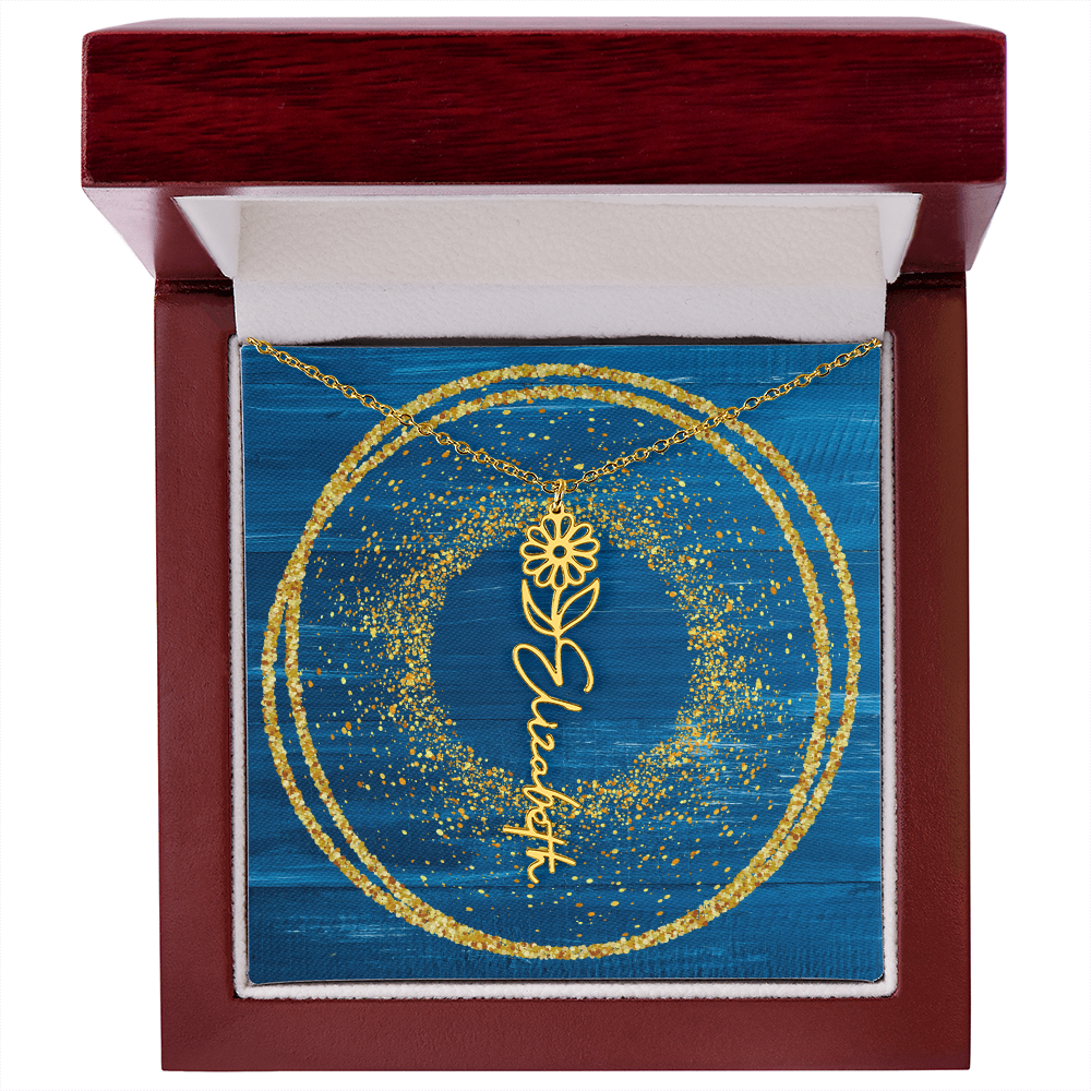 Birth Flower and Name Necklace - Blue Glitter