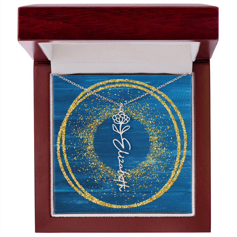 Birth Flower and Name Necklace - Blue Glitter