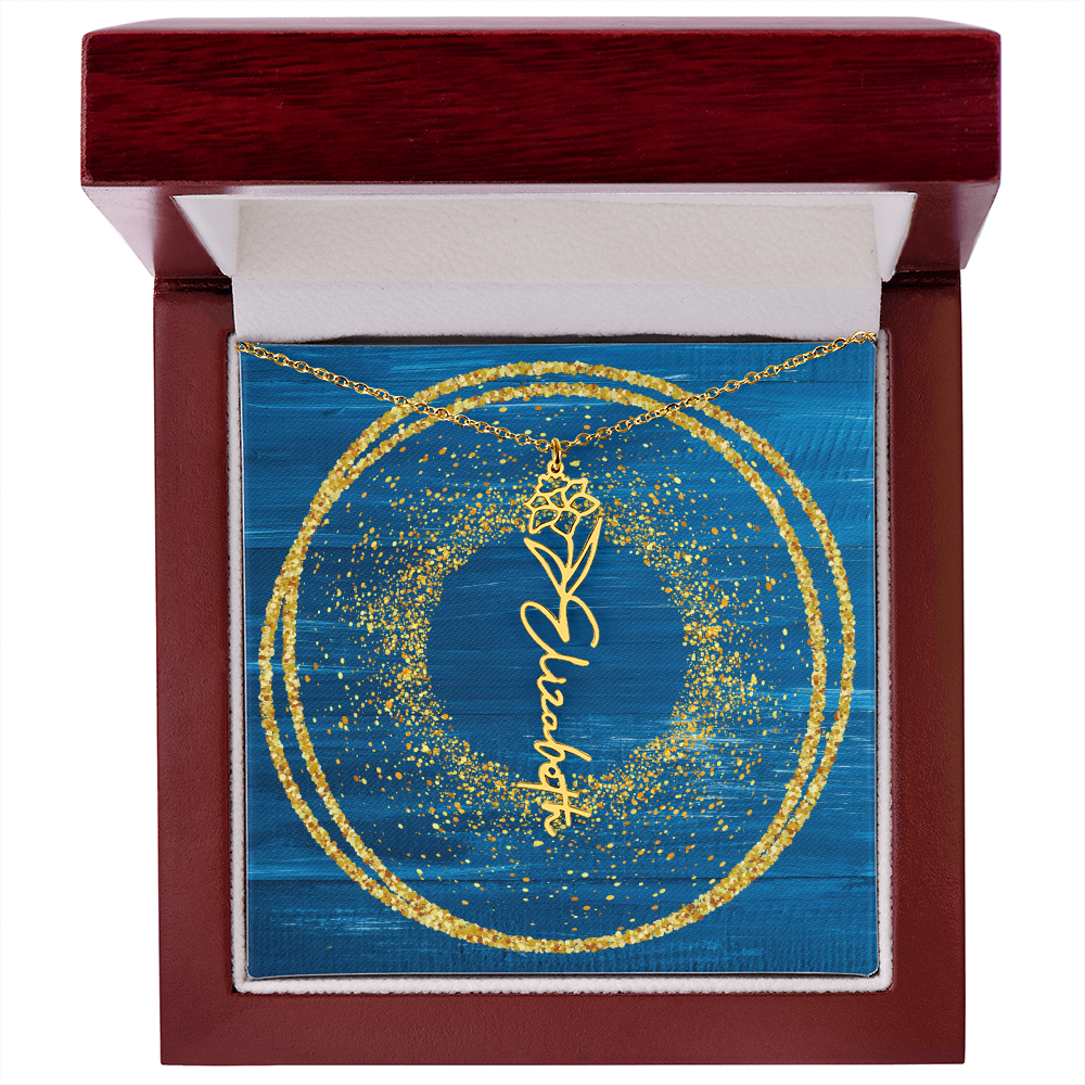 Birth Flower and Name Necklace - Blue Glitter