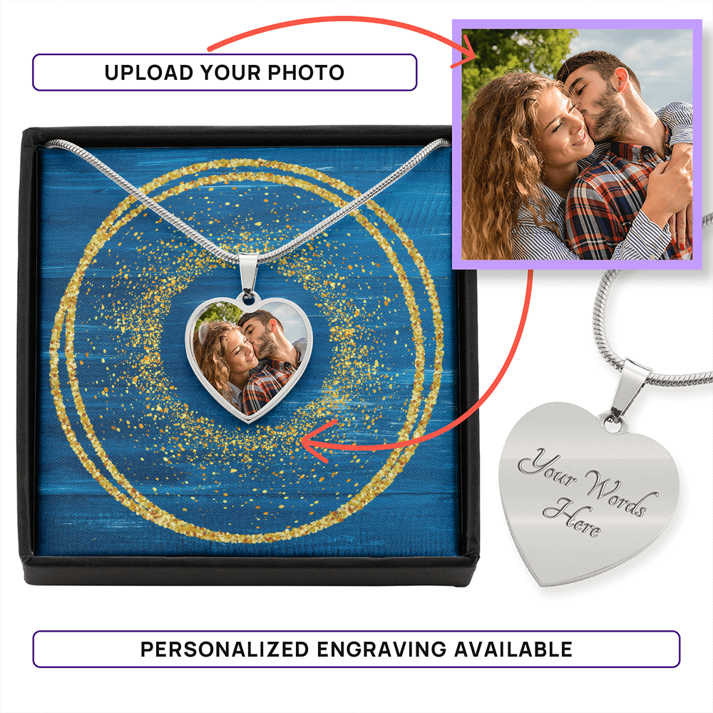 Photo Memory Heart Necklace - Blue Glitter