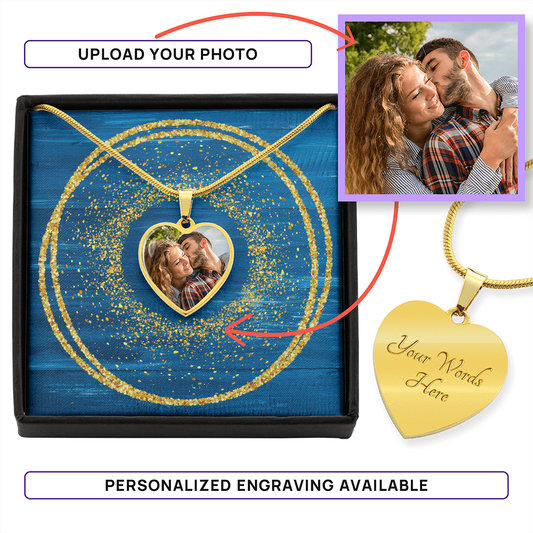 Photo Memory Heart Necklace - Blue Glitter