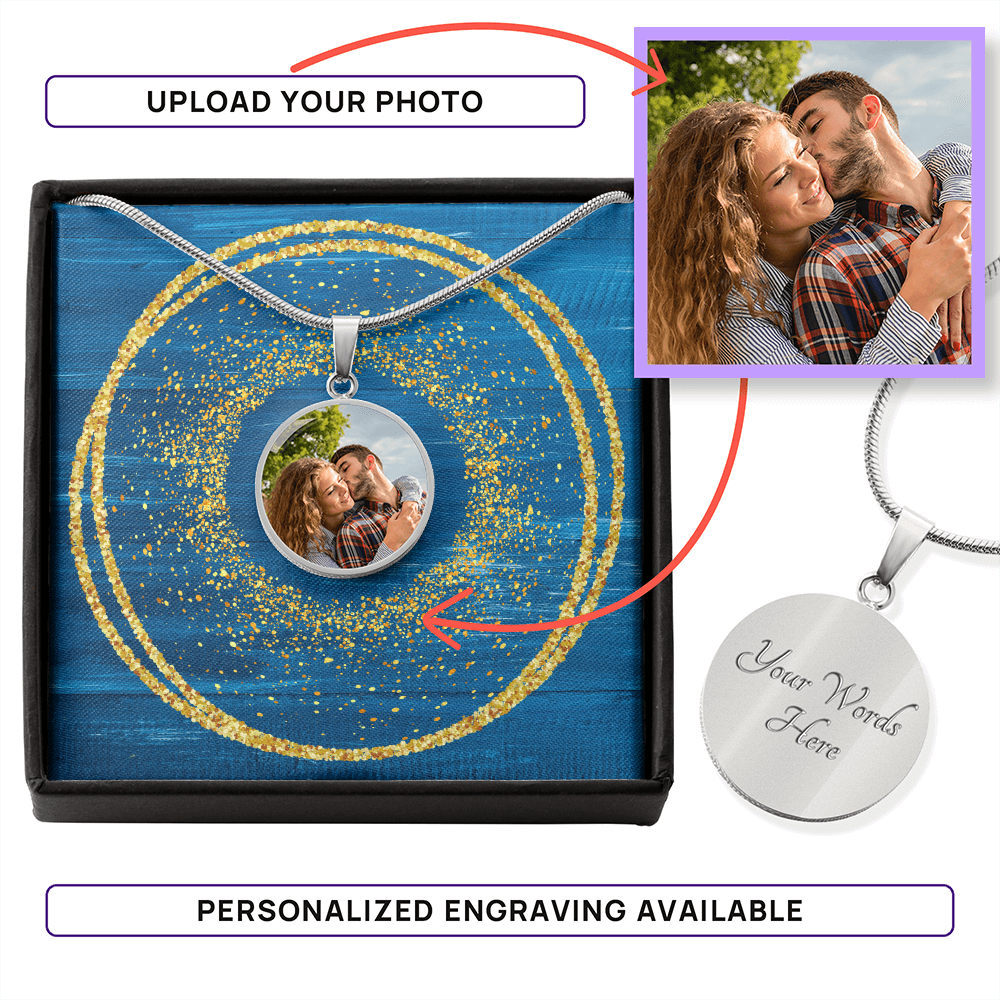 Photo Memory Circle Necklace - Blue Glitter
