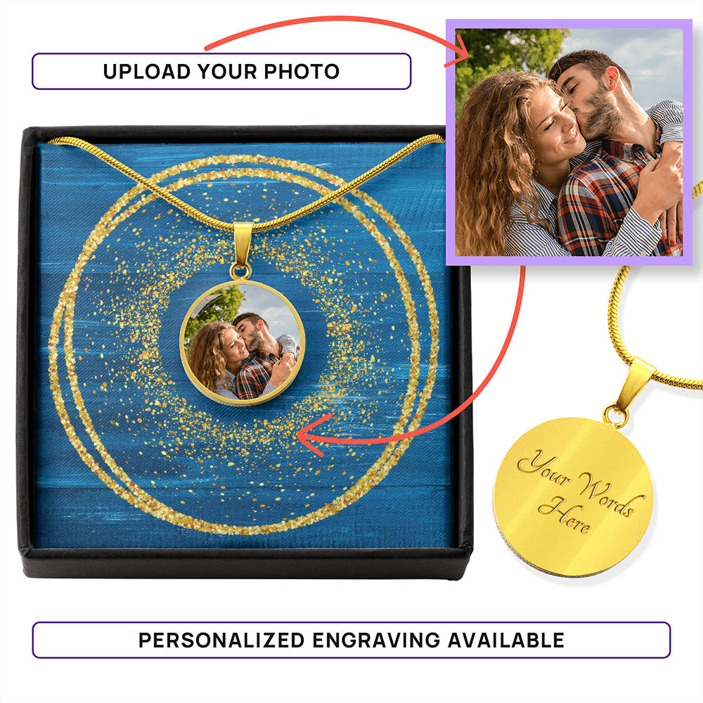 Photo Memory Circle Necklace - Blue Glitter
