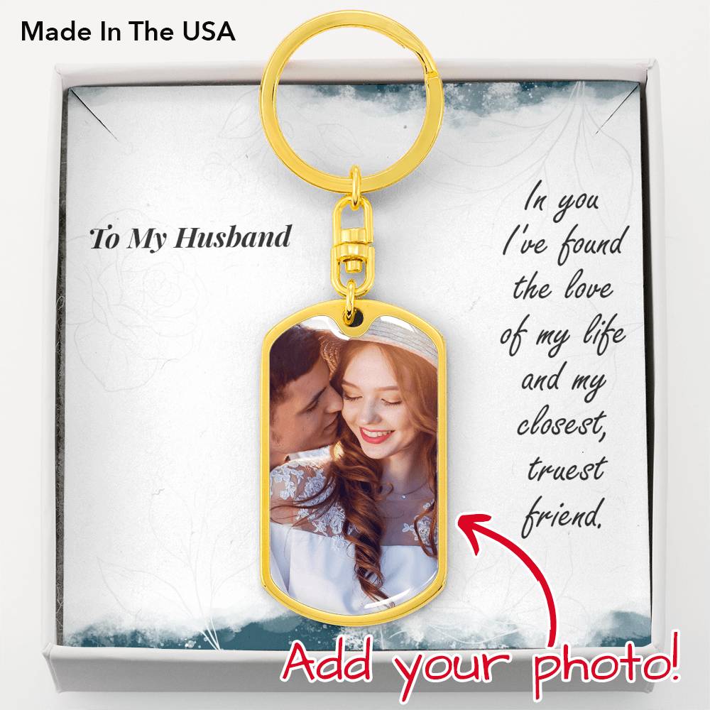 Photo Memory Dog Tag Keychain - Blue Shades - Husband