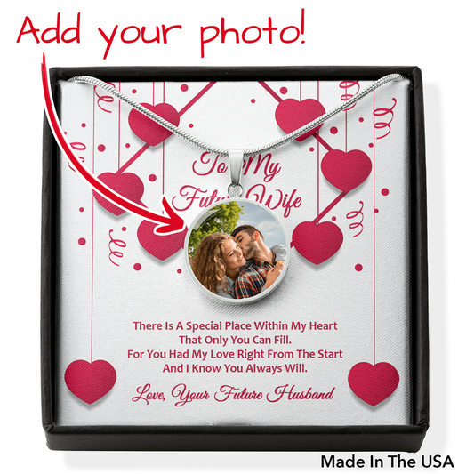 Photo Memory Circle Necklace - Red Ribbons - Future Wife
